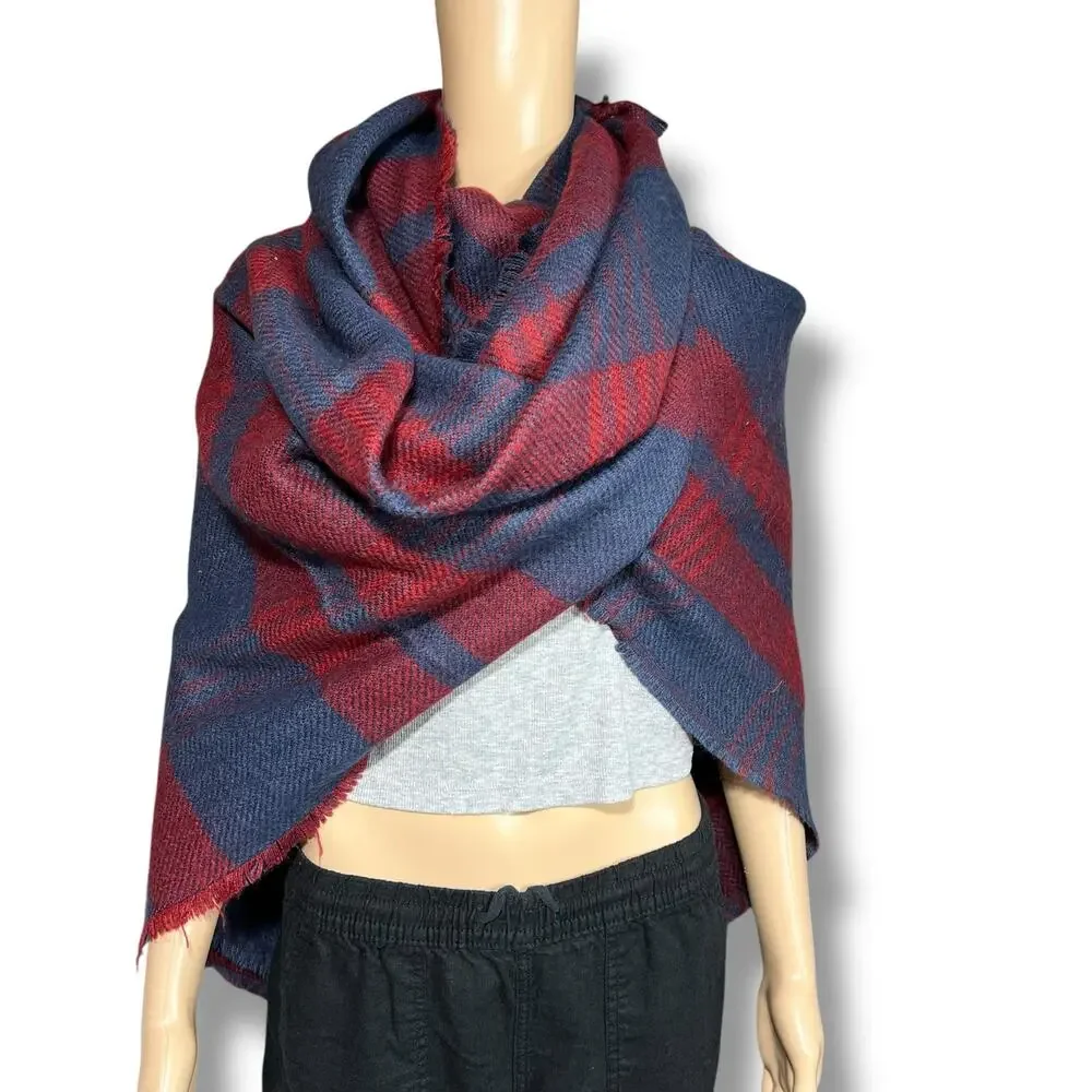 Womens Woven Knit Plaid Scarf Wrap with Fringe Blue Red Soft and Warm
